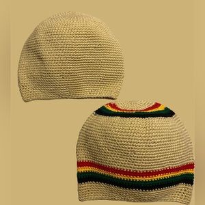Nude color beanie and also a hint of color